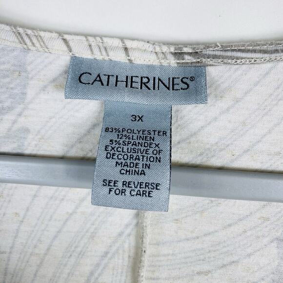 Catherines Plus Size 3X Floral Print Linen Blend V-Neck Top Tan - Picture 4 of 5